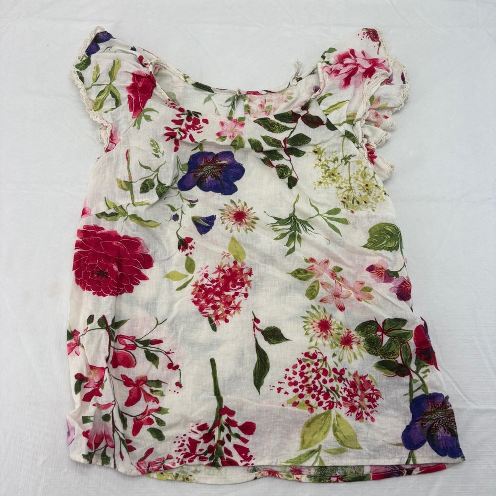 Christian Siriano New York Floral Linen Blend Flutter Sleeve Top White XS